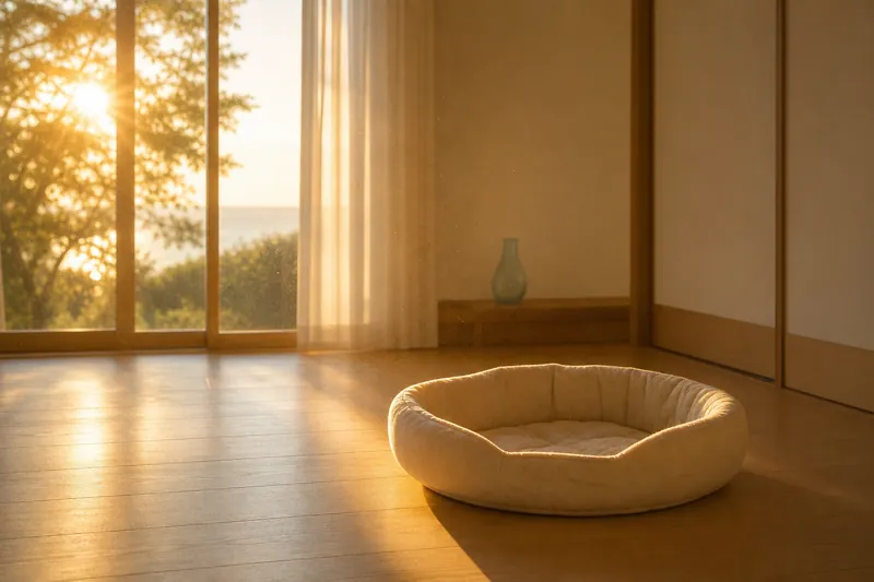 熊本・猫のお見送り代行 凪。夕陽の差し込む無人の部屋に残された空のペットベッド、猫の不在の気配