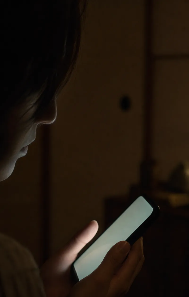深夜、スマホの光だけに照らされた横顔のシルエット。ひとりで検索を繰り返す夜