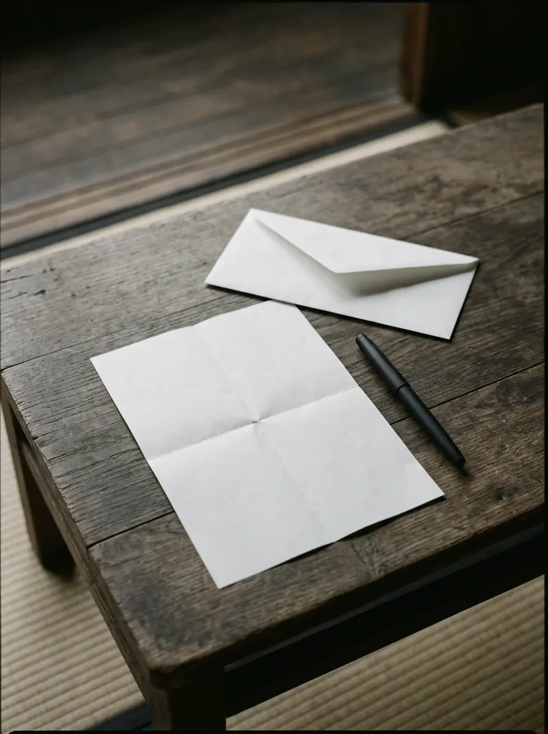 凪。その日の様子を書き記すための便箋と封筒が、和室の座卓に置かれている